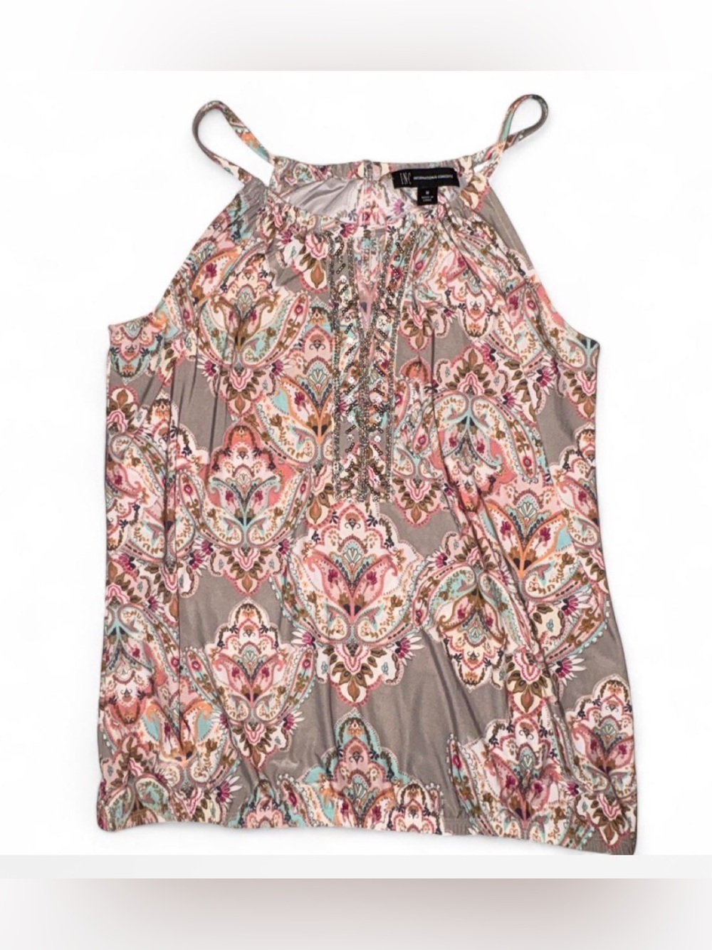 INC International Concepts Sleeveless Paisley Halter Top in Taupe and Pink with